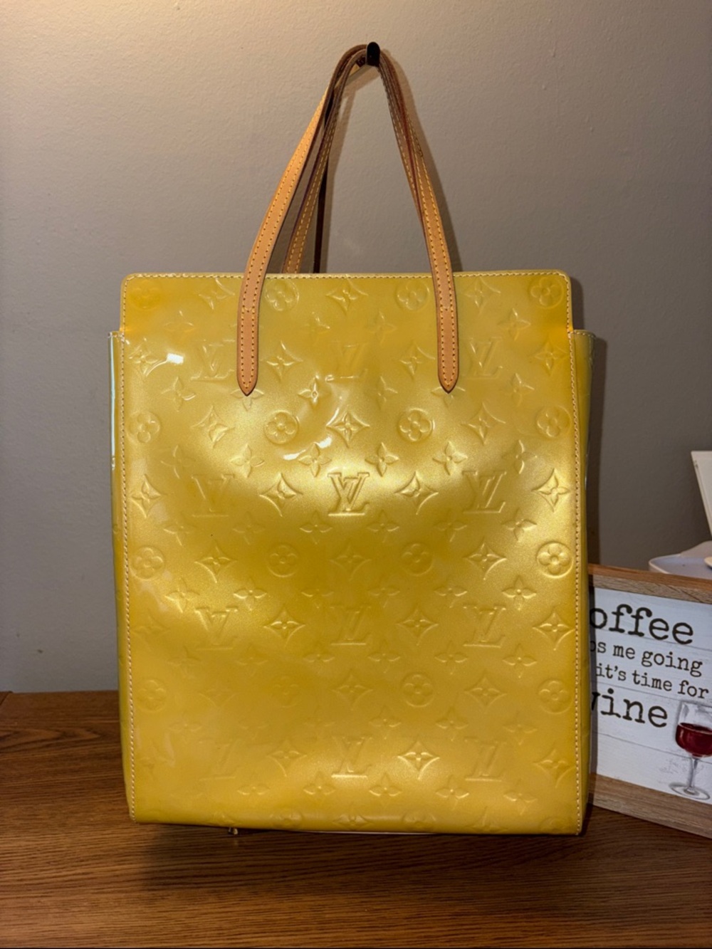 Louis Vuitton Yellow Vernis Monogram Vertical Tote with Tan Handles